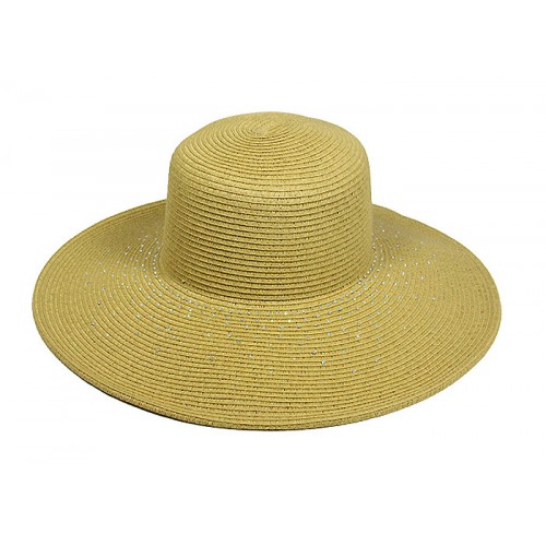 Straw Wide Brim Hats - Paper Straw Braided w/ Rhinestones - Natural - HT-ST252NT